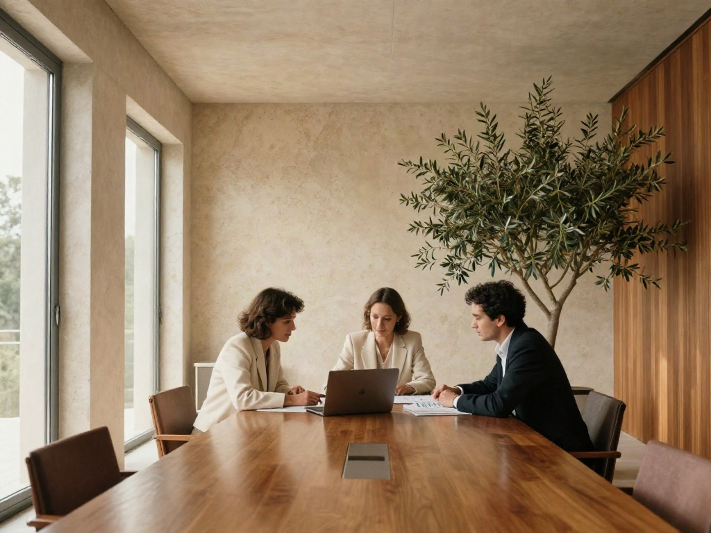 Consultants reviewing business insights together in a sunlit contemporary boardroom